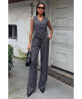 Yeleği Çapraz Detay Düğmeli Cepli Yelekli Takım 10150