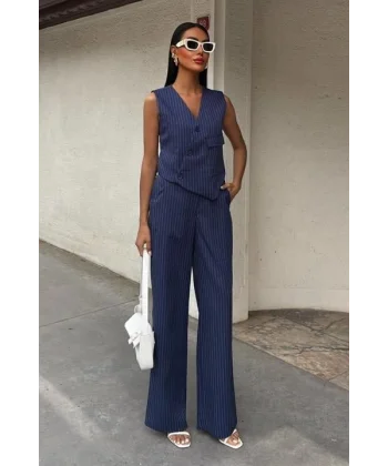 Yeleği Çapraz Detay Düğmeli Cepli Yelekli Takım 10150