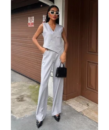 Yeleği Çapraz Detay Düğmeli Cepli Yelekli Takım 10150