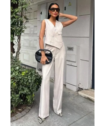 Yeleği Çapraz Detay Düğmeli Cepli Yelekli Takım 10150