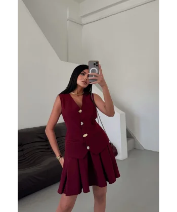 YELEK - PİLELİ ETEK GÖRÜNÜMLÜ ELBİSE - Bordo