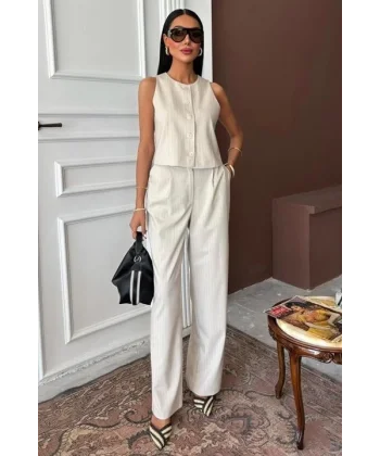 Yelek Plazzo Pantolon Çizgili Flamlı Poliviscon Takım 10178