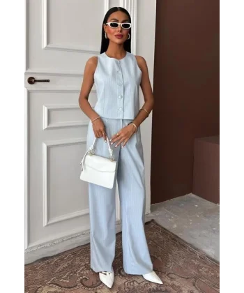 Yelek Plazzo Pantolon Çizgili Flamlı Poliviscon Takım 10178