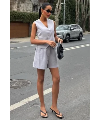 Yelek Şort Flamlı Keten Takım 10133-17