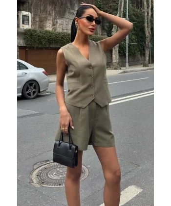 Yelek Şort Flamlı Keten Takım 10133-17