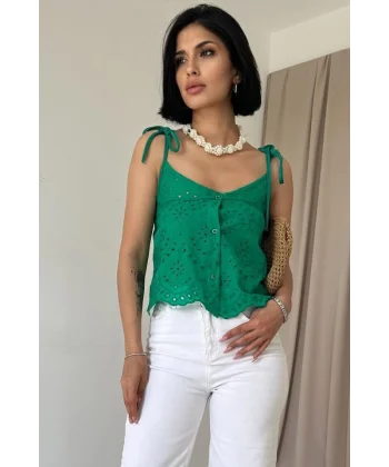 Yeşil Bağcıklı Brode Bluz