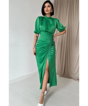 Yeşil Büzgülü aten Elbise