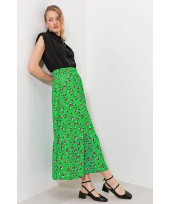 Yeşil Çiçek Desenli Uzun Örme Etek 1886