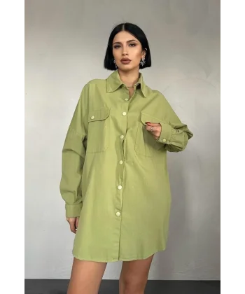 Yeşil Çift Cep Kapaklı Çıtçıtlı Gömlek