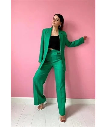 Yeşil Çift Düğmeli Ceket Ve Pantolon Takım