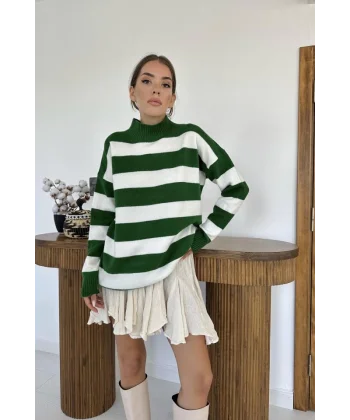 Yeşil Çizgili Triko Kazak