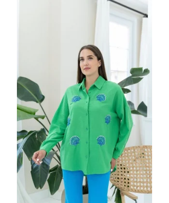 Yeşil Deniz Kabuk Desenli Gömlek