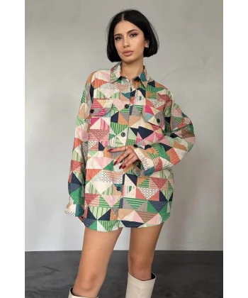 Yeşil Desenli Kapitone Cepli Gömlek