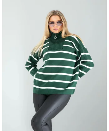Yeşil Dik Yaka Çizgili Triko Kazak