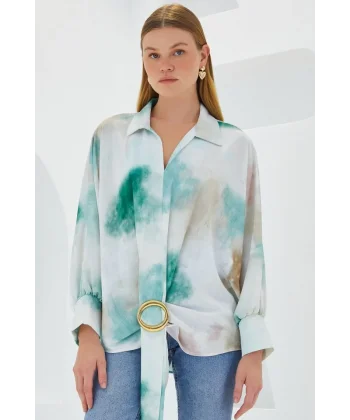 Yeşil Ekru Oversize Dökümlü Saten Gömlek 907