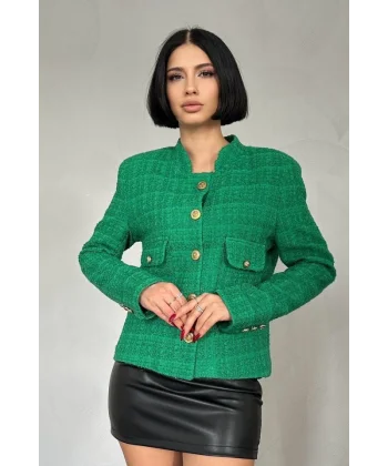 Yeşil Gold Düğmeli Tüvit Ceket