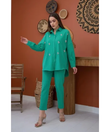Yeşil Gömleği Taşlı Fitilli Takım