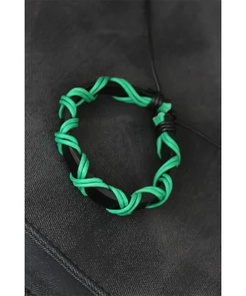 Yeşil İpli Siyah Renk Deri Erkek Bileklik