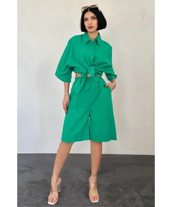 Yeşil Kısa Kollu Keten Gömlek Ve Şort Takım