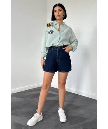 Yeşil Klasik Bedensiz Çizgili Poplin Nakışlı Gömlek