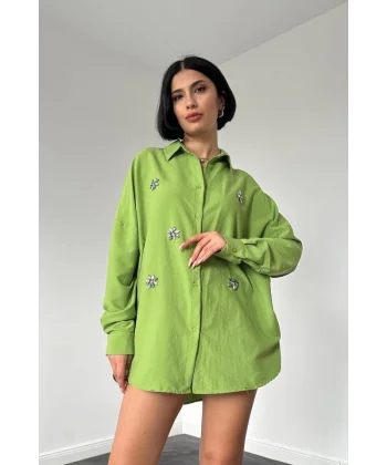 Yeşil Klasik Kalıp El İşlemeli Gömlek