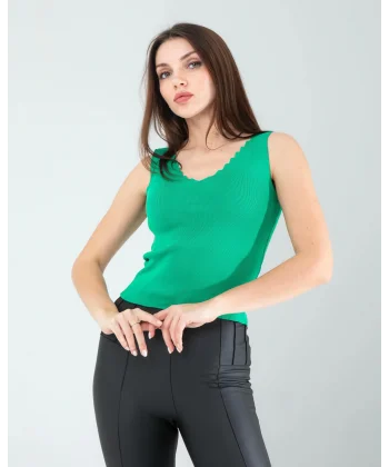 Yeşil Merdiven Yaka Kalın Askı Crop Bluz