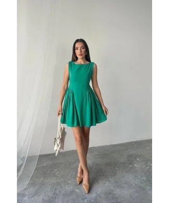 Yeşil Mini Boy Büzgülü Keten Elbise