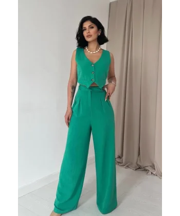 Yeşil Önü Düğmeli Yelek Ve Pantolon Takım