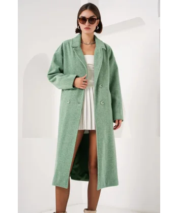 Yeşil Oversize Geniş Kesim Yünlü Uzun Kaşe Kaban 9113