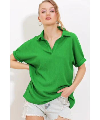 Yeşil Oversize Polo Yaka Örme Bluz 0486