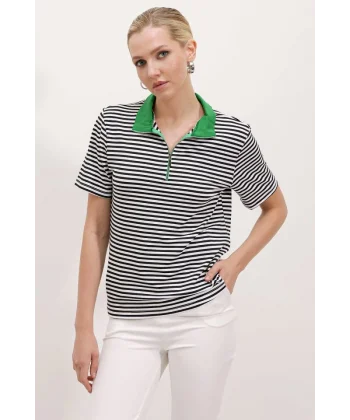 Yeşil Polo Yaka Fermuarlı Çizgili Tişört 0497