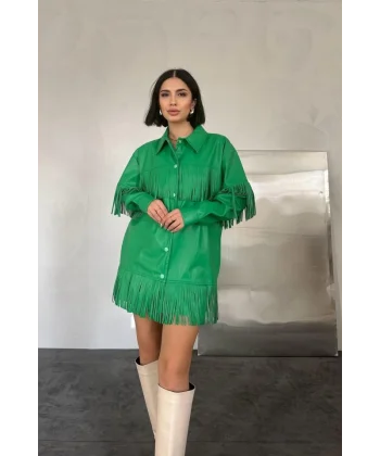Yeşil Püsküllü Deri Gömlek