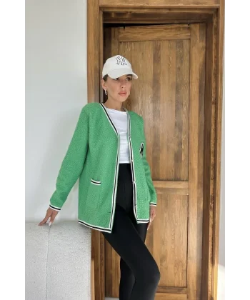 Yeşil Şeritli Bukle Hırka