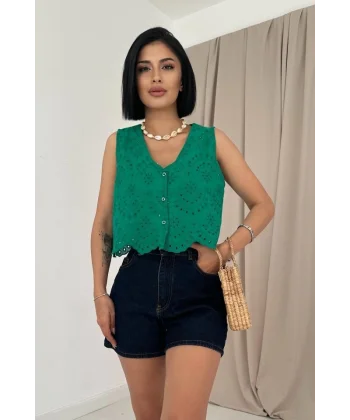 Yeşil Sıfır Kol Brode Bluz