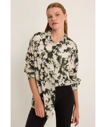 Yeşil Siyah Çiçek Desenli Oversize Saten Gömlek 3985
