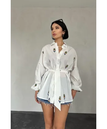 Yeşil Vual etraj Nakış Kuşaklı Gömlek