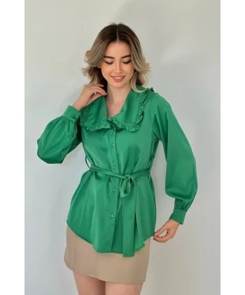 Yeşil Yakası Fırfırlı Kuşaklı Saten Gömlek