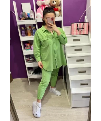 Yeşil Yıkamalı Gömlek Ve Pantolon Takım