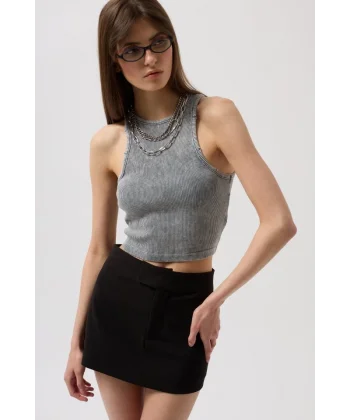 Yıkamalı Halter Yaka Crop Bluz