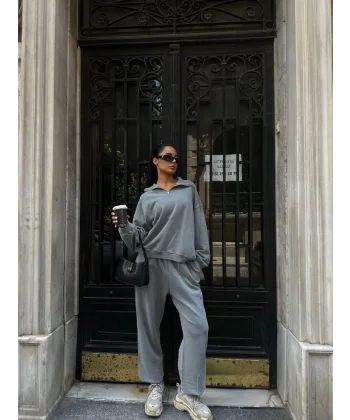 Yıkamalı iki iplik Kumaş Yakalı Fermuarlı Oversize Eşofman Takımı - Gri