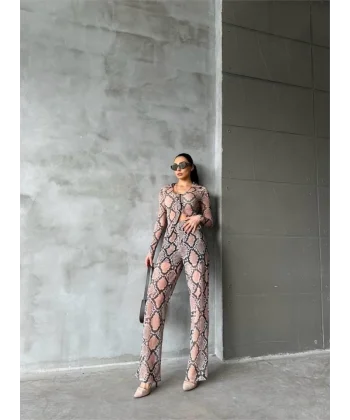 YILAN DESEN TÜL CROP GÖMLEK-PANTOLON TK - Bej