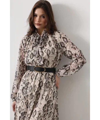 Yılan Desen Uzun Yaka Detaylı Elbise  Kremiyah