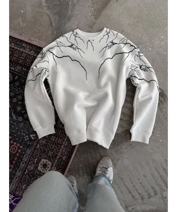 Yıldırım Baskılı Bisiklet Yaka SweatShirt - Beyaz