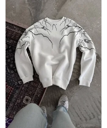 Yıldırım Baskılı Bisiklet Yaka SweatShirt - Beyaz