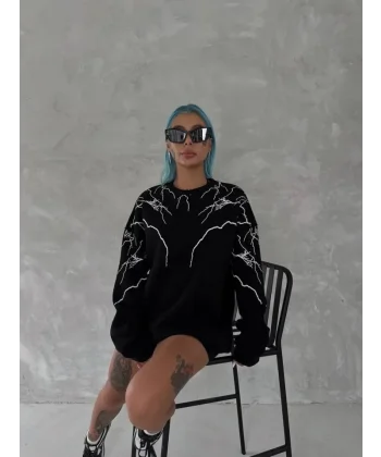 Yıldırım Baskılı Bisiklet Yaka SweatShirt - Siyah