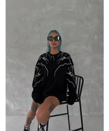 Yıldırım Baskılı Bisiklet Yaka SweatShirt - Siyah