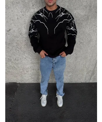 Yıldırım Baskılı Bisiklet Yaka SweatShirt - Siyah