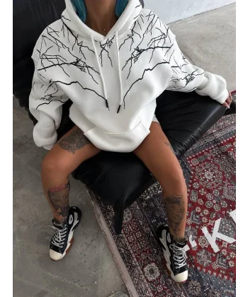 Yıldırım Baskılı Kapşonlu SweatShirt - Beyaz
