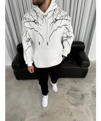 Yıldırım Baskılı Kapşonlu SweatShirt - Beyaz