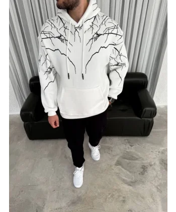 Yıldırım Baskılı Kapşonlu SweatShirt - Beyaz